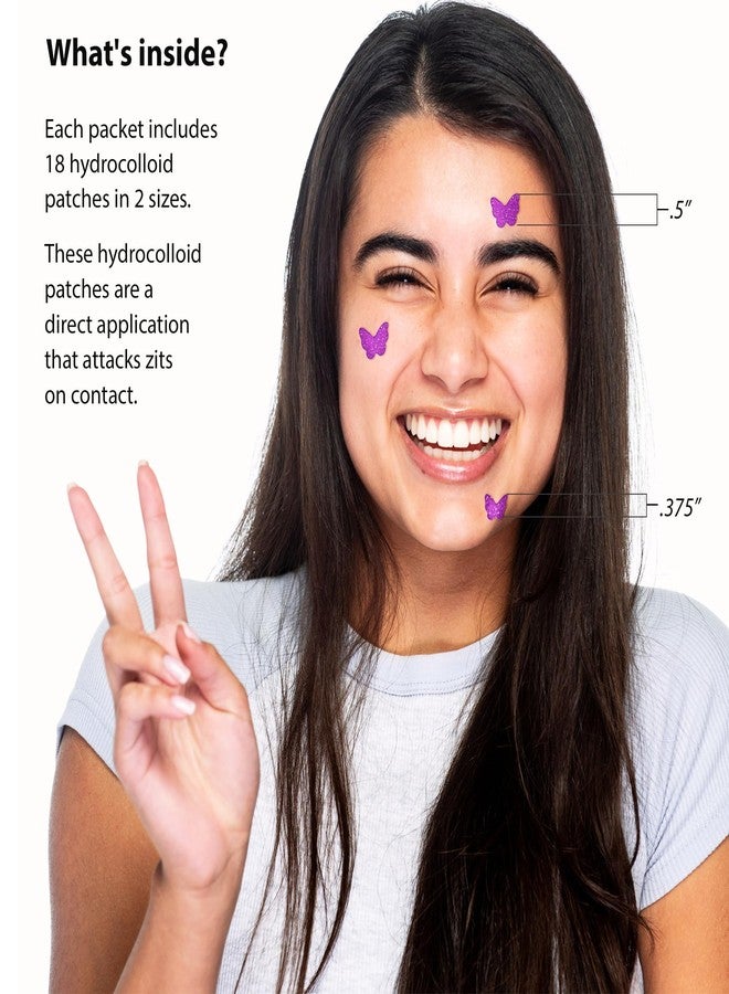Frilliance Purple Butterfly Shaped Power Boost Salicylic & Hydrocolloid Acne Pimple Patches for Zits and Blemishes (18 Count, 2 Sizes), Vegan and Cruelty Free - Image 5
